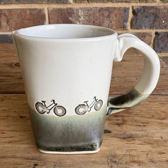 Handmade Pottery Coffee Mug Colleen Deiss  Bicycles Cream Green Glazed Ceramic - Picture 1 of 12
